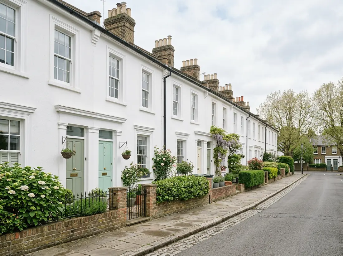 A row of white terraced homes with sage-green doors